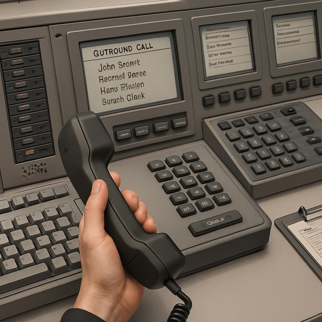 A hand holding a phone in front of a large computer screen displaying a list of names and the words "GUTROUND CALL".