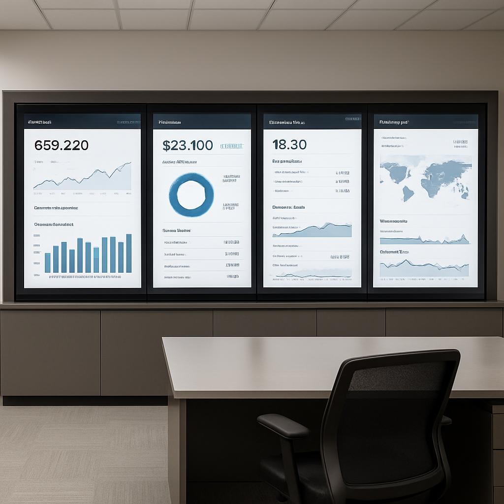 A mock-up of an office setting features four digital screens displaying financial data displayed on a conference room wall...
