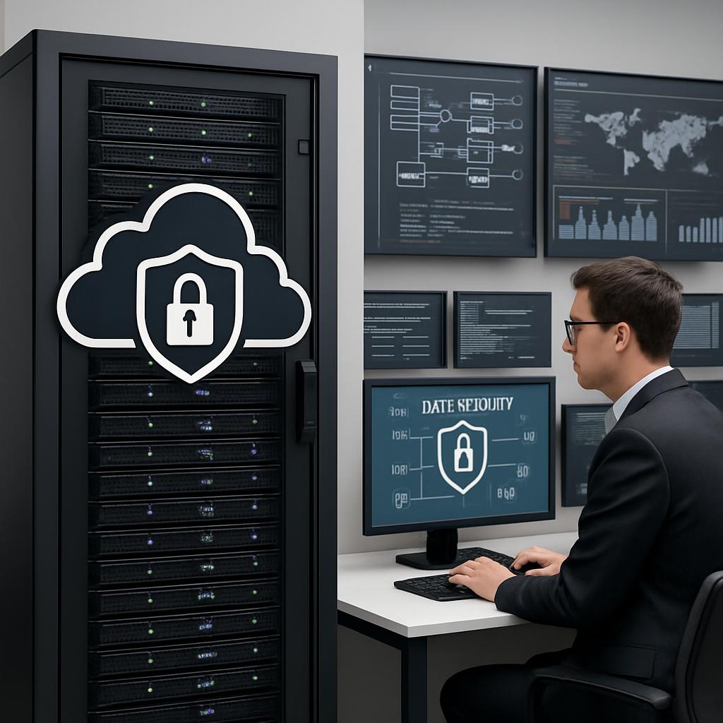 Image of man working on computer with parallax background of servers and data security diagrams.