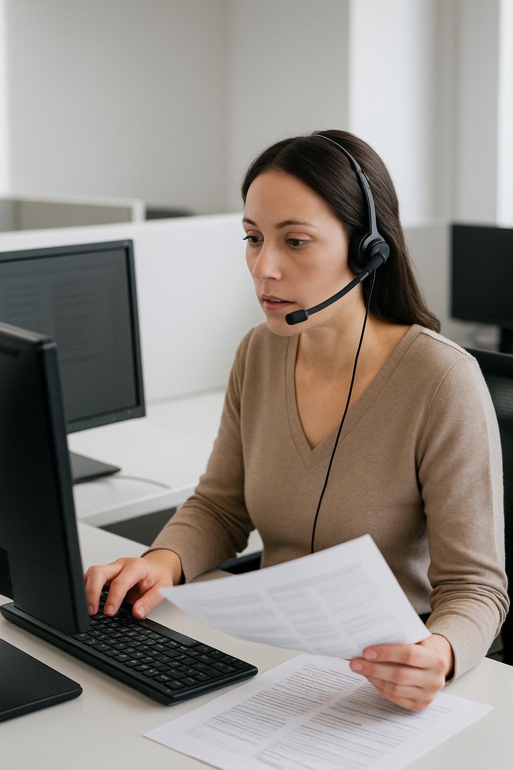 A woman in a tan sweater and headset sits at a desk, typing on a keyboard and holding papers.