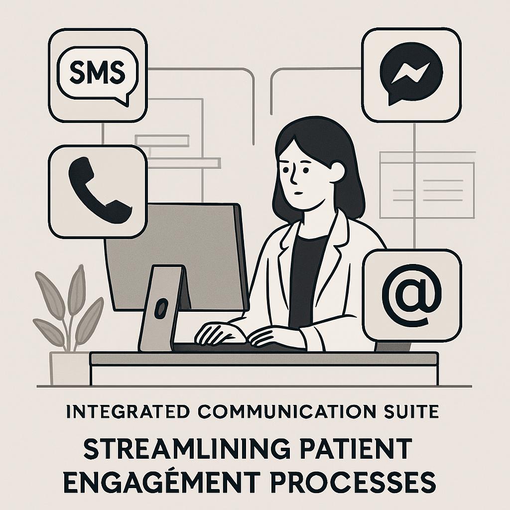 A healthcare professional at her desk, engaged in simplified patient communications using SMS, phone, email, and other met...